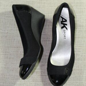 AK Sport Size 9.5  Black Stretch Fabric and Patent Wedge 2.25" Heels